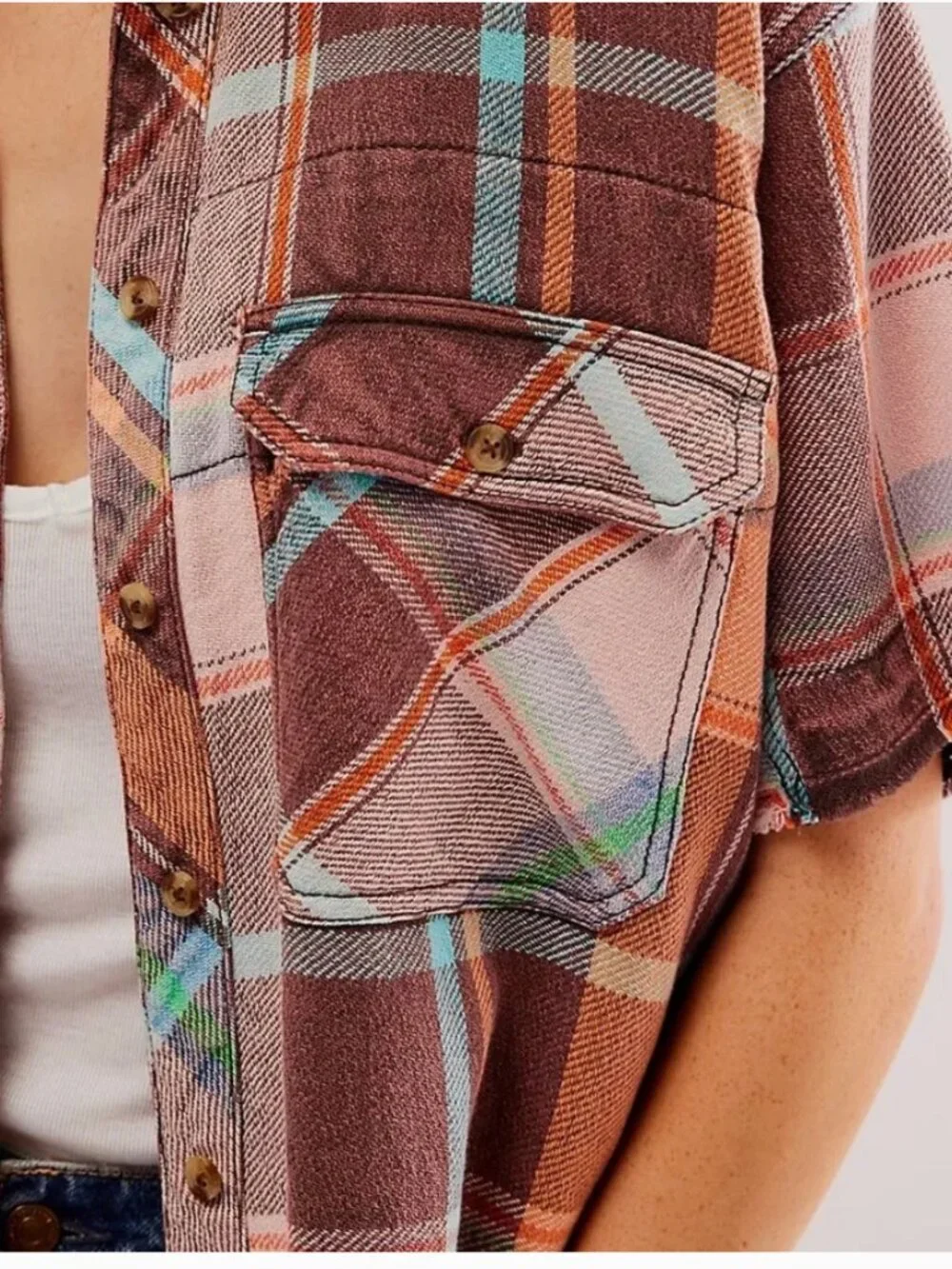Free People We The Free Vintage Crush Plaid Shirt Brown Combo M NWOT Cotton - Picture 3 of 11